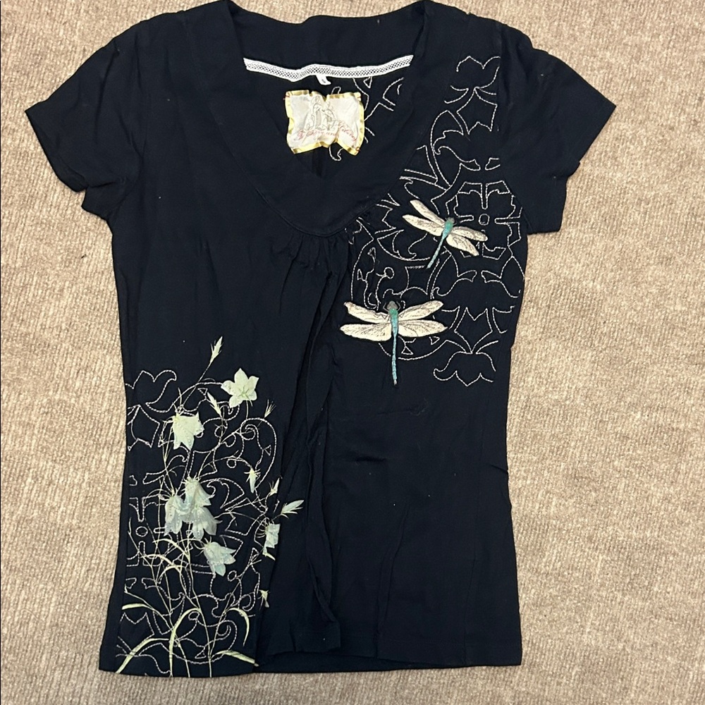Black Short Sleeve Tee with Dragonfly Design